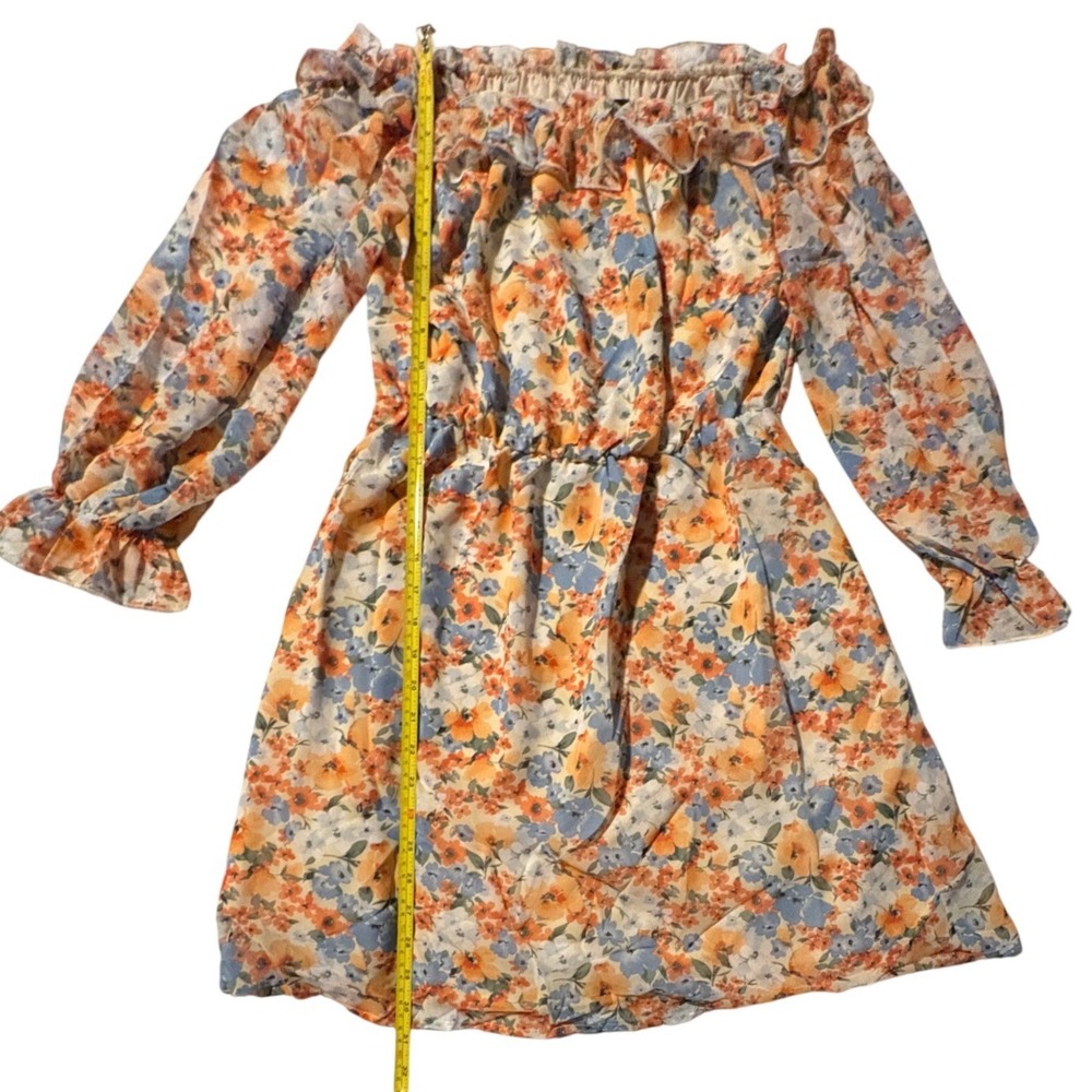 NWT Women M Floral Off The Shoulder Ruffle Mini Dress Orange Blue Easter Wedding - Picture 8 of 9